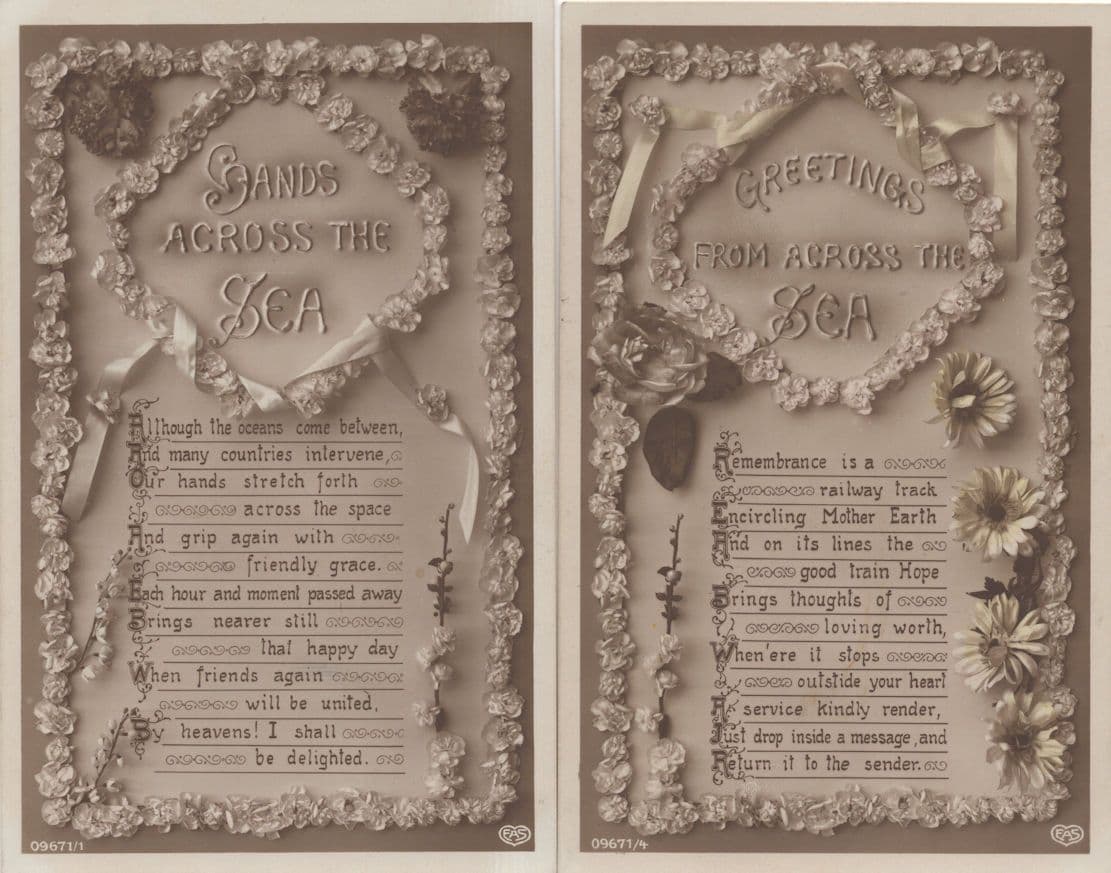 Greetings Hands From Across The Sea 2x Antique Railway Postcard s