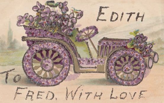 Greetings The Name Called Fred Edith REAL GLITTER Tram CAR Sparkle Old Postcard