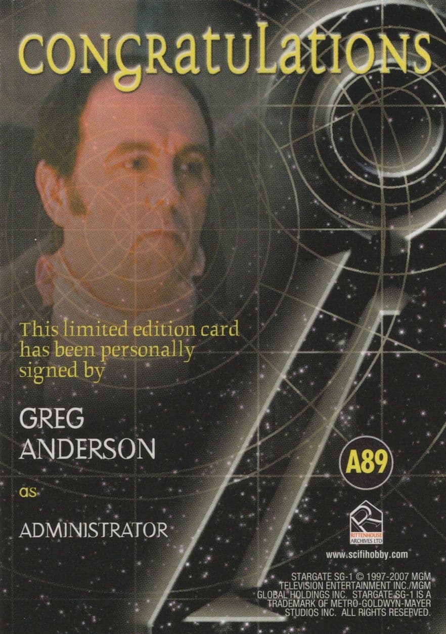 Greg Anderson Stargate SG-1 Hand Signed Autograph Photo Card