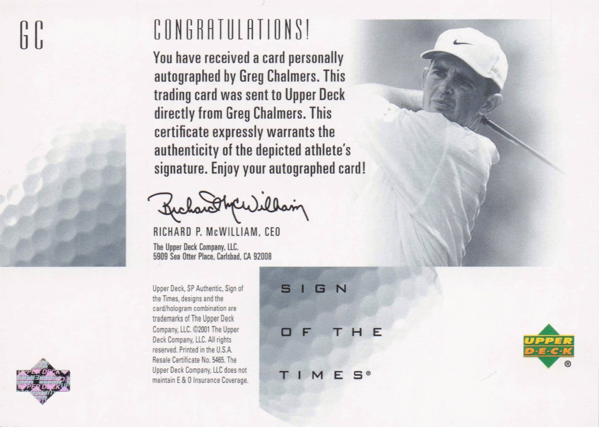 Greg Chalmers  Sign Of The Times Hand Signed 2001 SP Golf Autograph Card