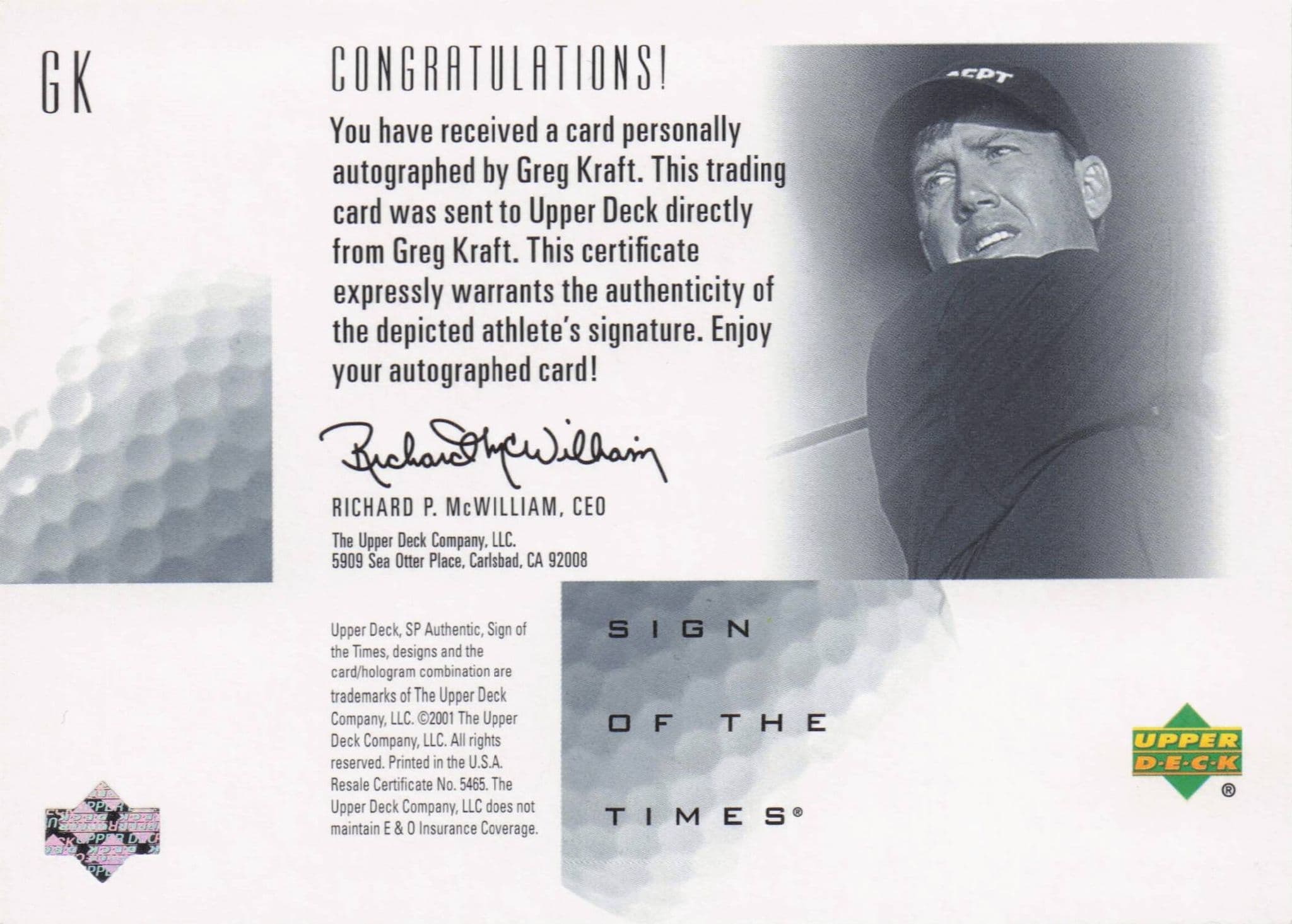 Greg Kraft Sign Of The Times Hand Signed 2001 SP Golf Autograph Card
