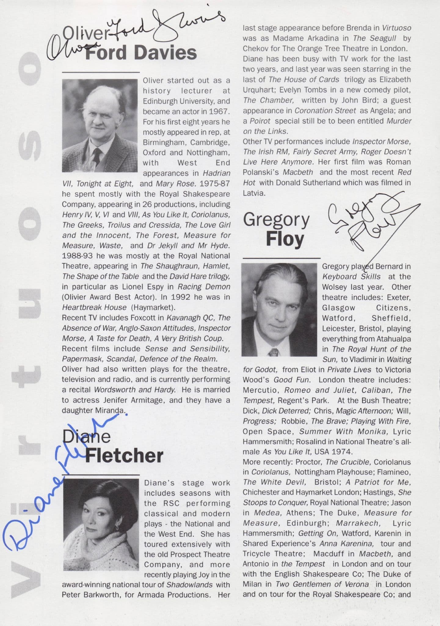 Gregory Floy Oliver Ford Davies Star Wars Diane Fletcher Hand Signed Theatre Page