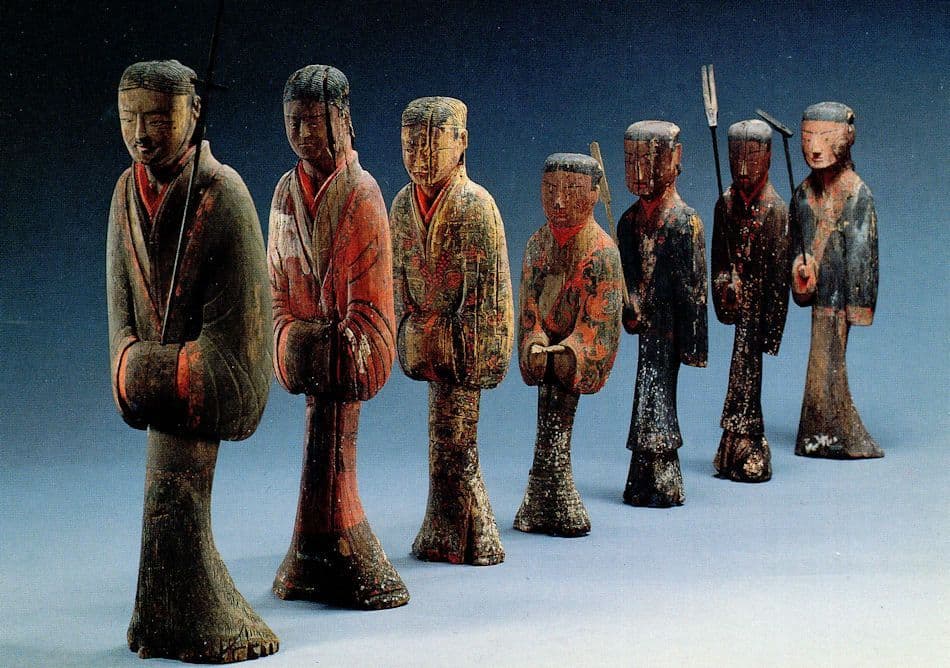 Group Of 7 Lacquered Carved Chinese Statues Figures Hubei Art Postcard