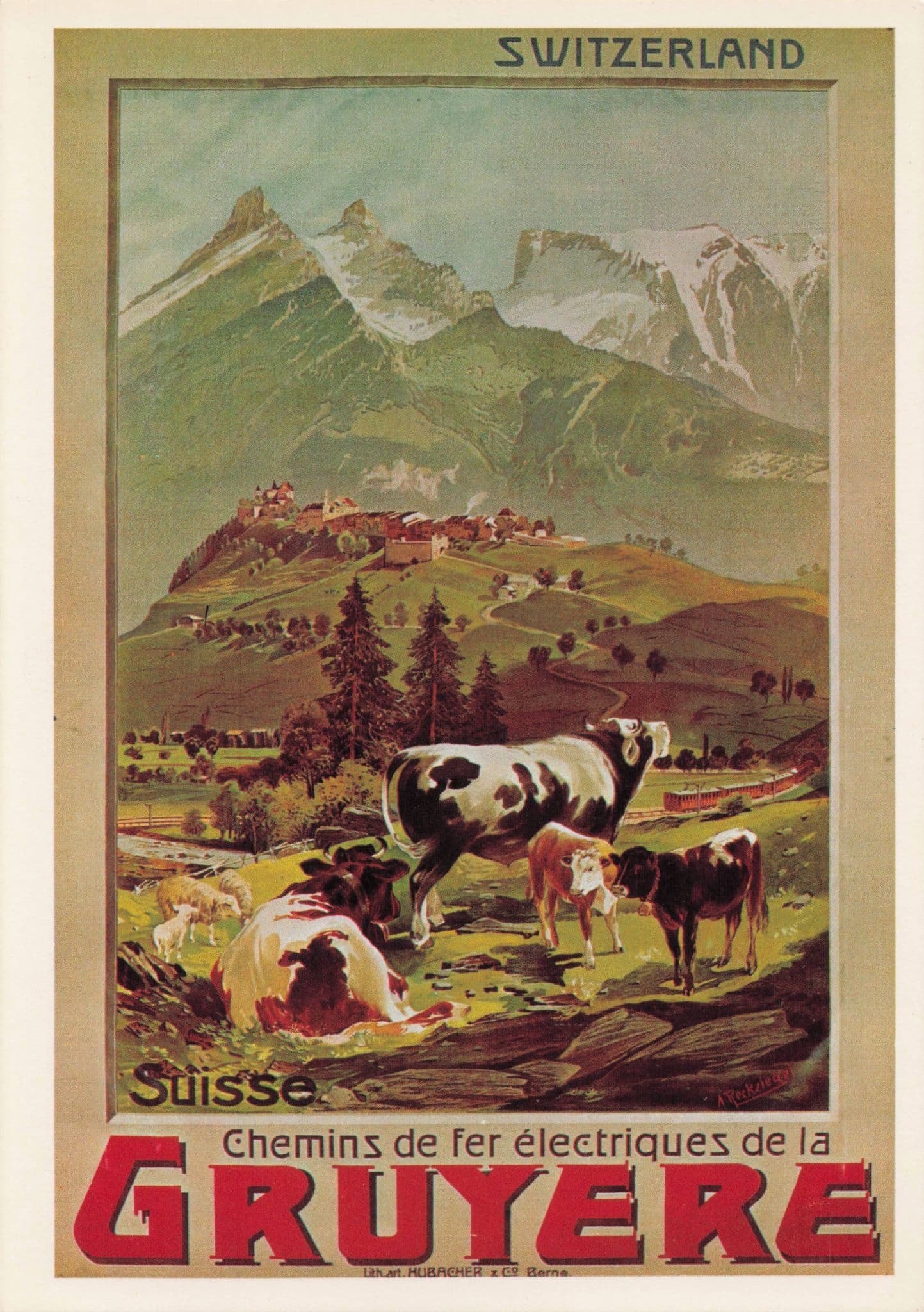 Grueyere Cattle Switzerland 1906 Swiss Travel Advertising Poster Postcard