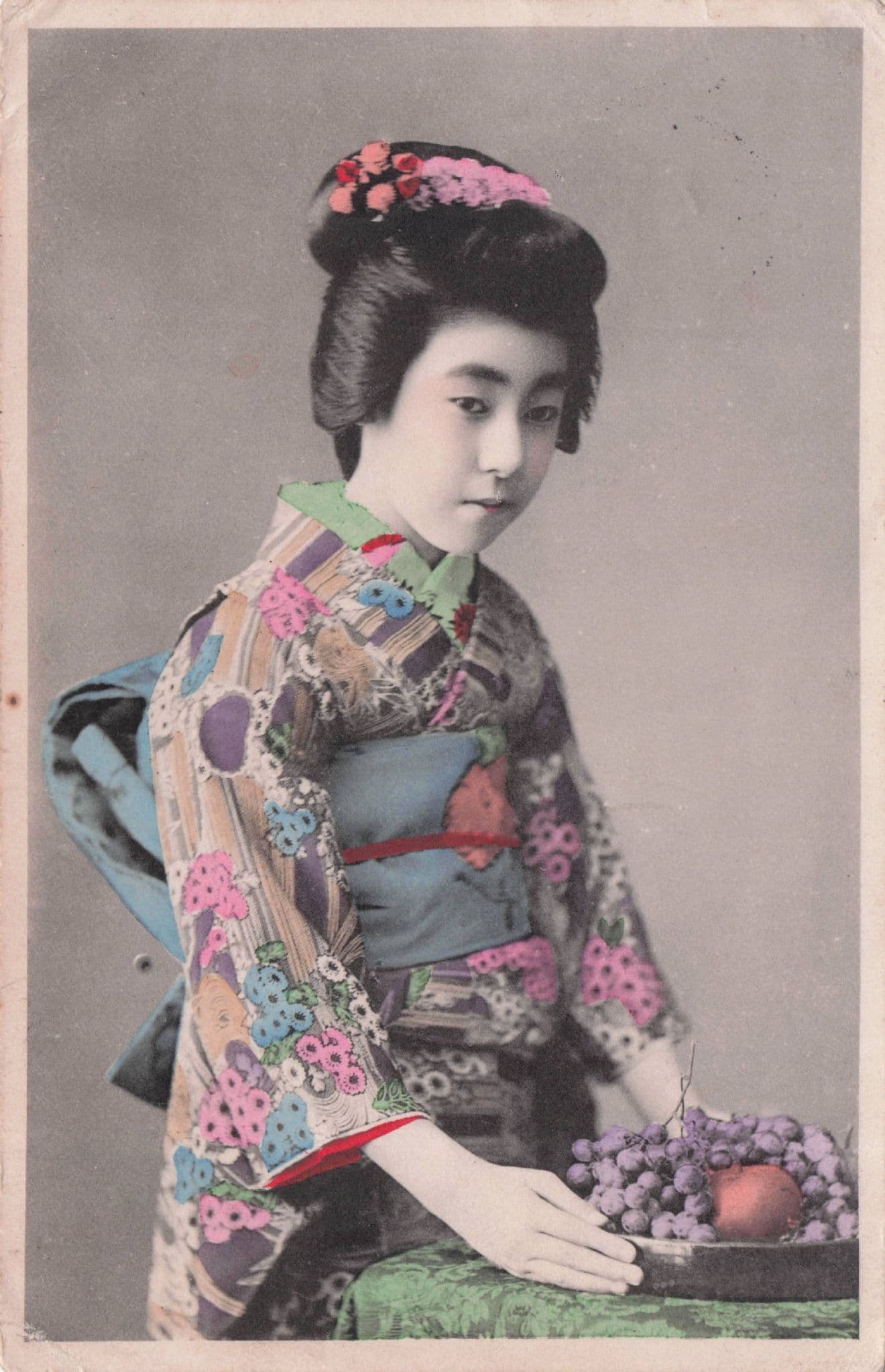 Grumpy Japanese Lady Woman Fruit Bowl Antique Japan Postcard