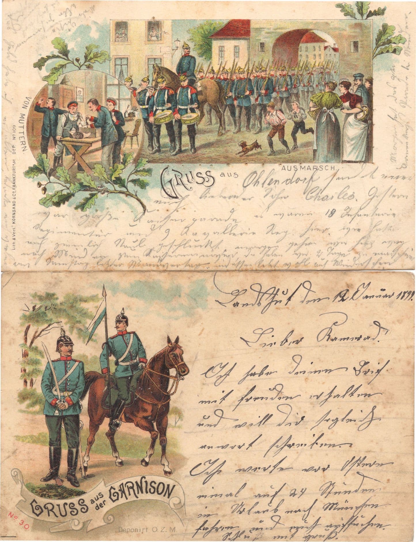 Gruss Aus Ausmarch 2x German Military 1896 & 1899 Postcard s
