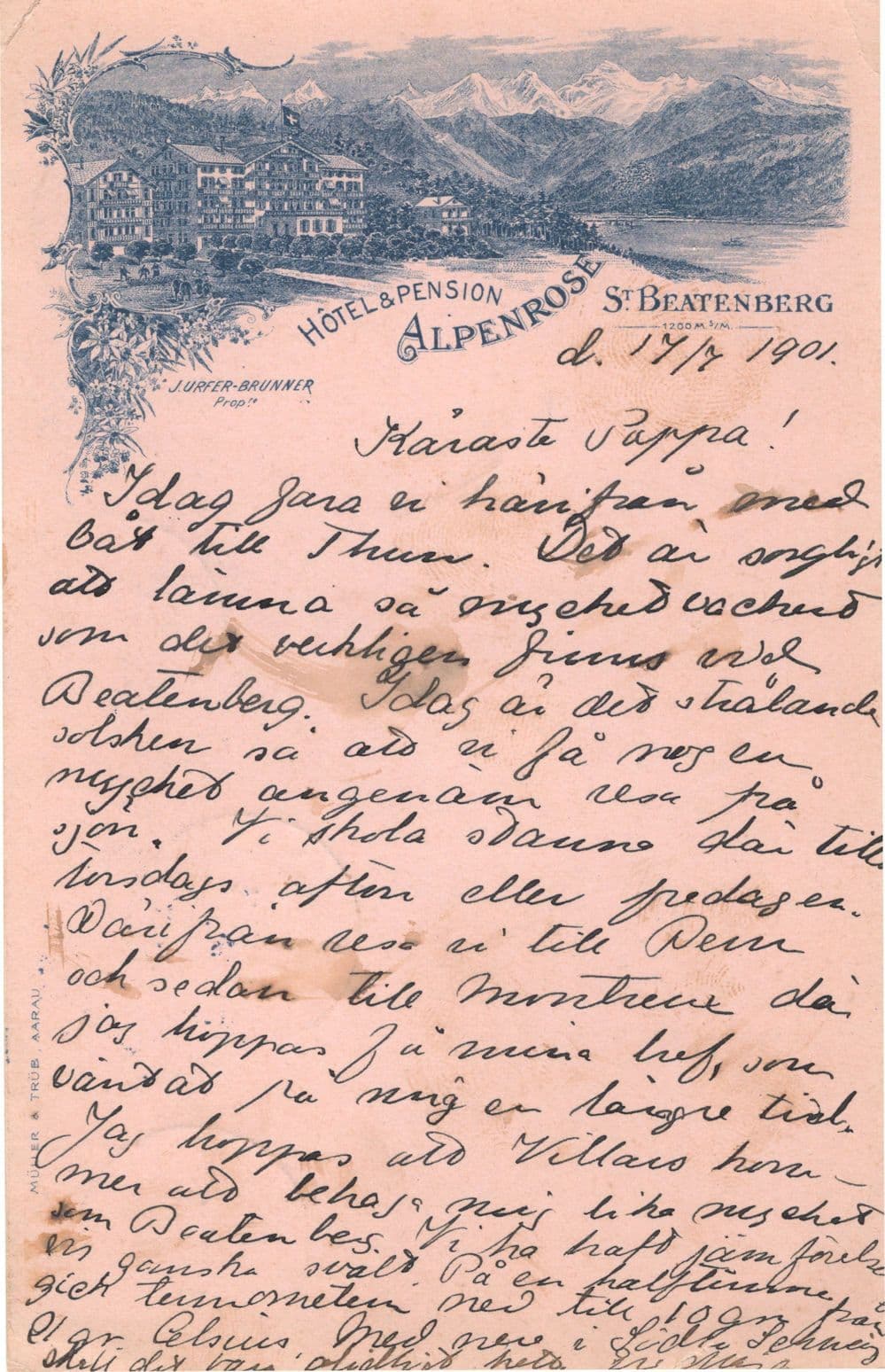 Gruss Aus Hotel Pension Alpenrose St Beatenberg 1901 Swiss Postcard
