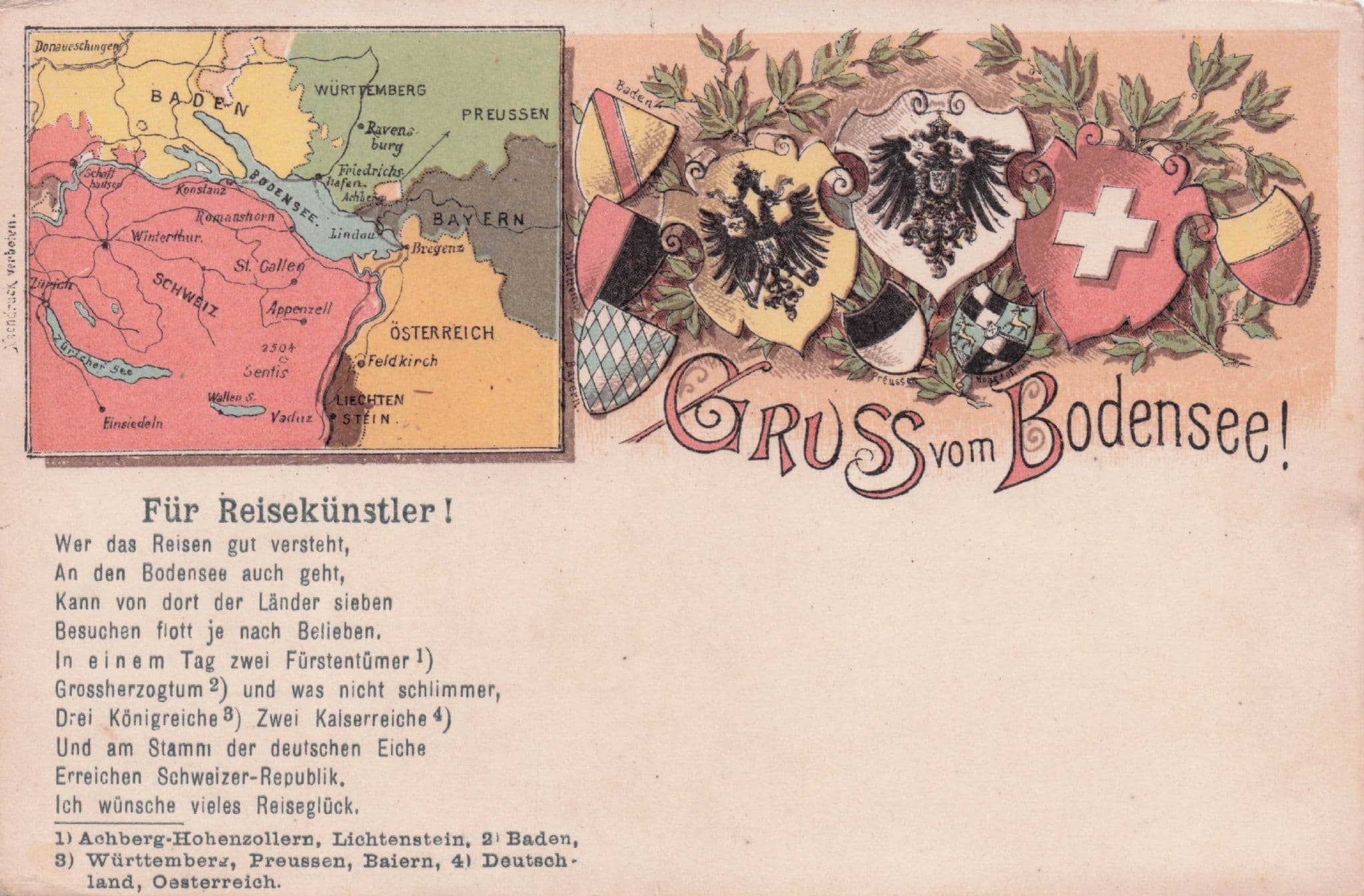 Gruss Vom Aus Bodensee Antique Map Travel German Old Postcard