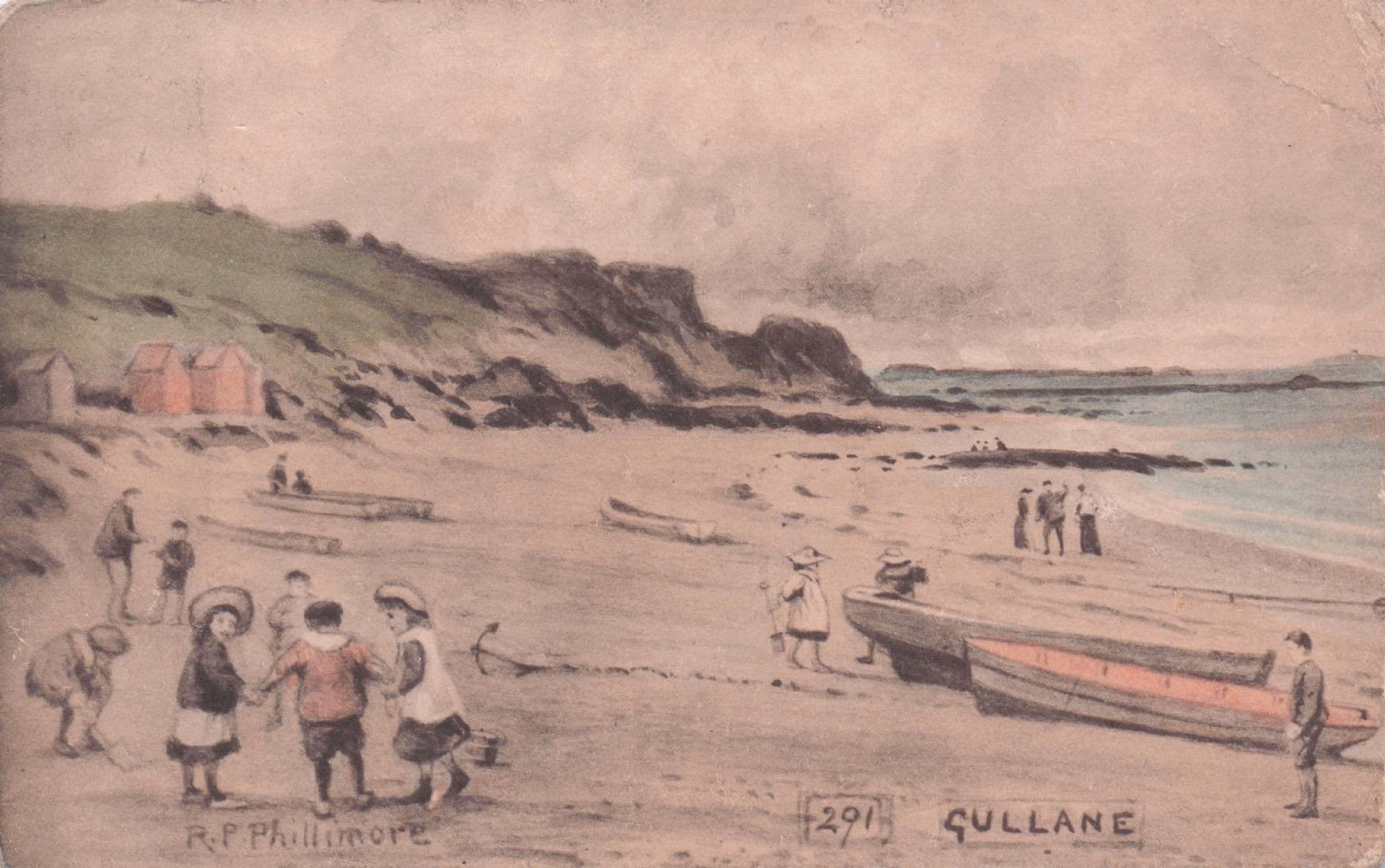 Gullane Beach Boats Children Scottish Phillimore Old Postcard
