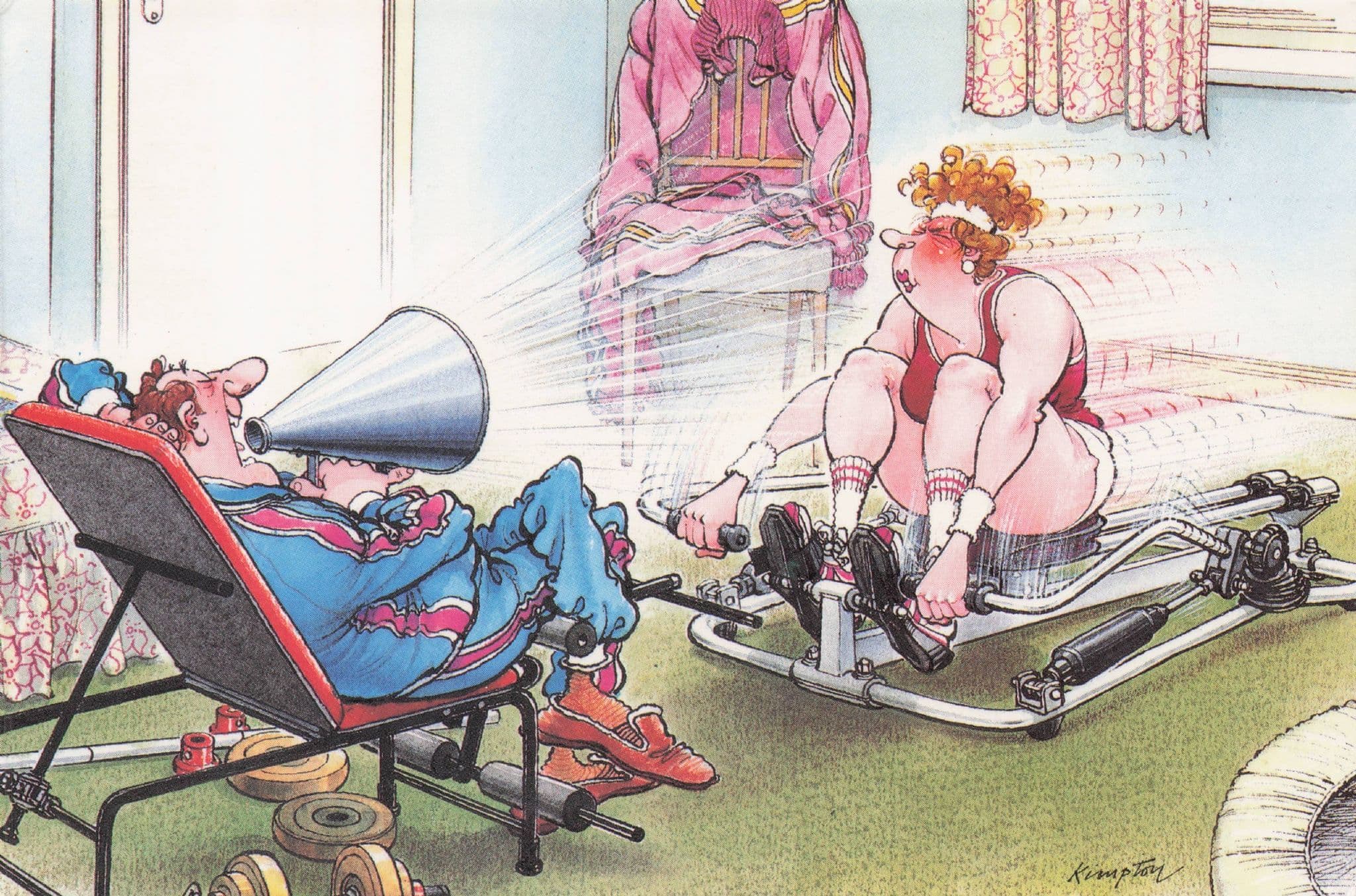Gym Lady Speaker Tannoy Disaster Wind Gymnasium Comic Postcard