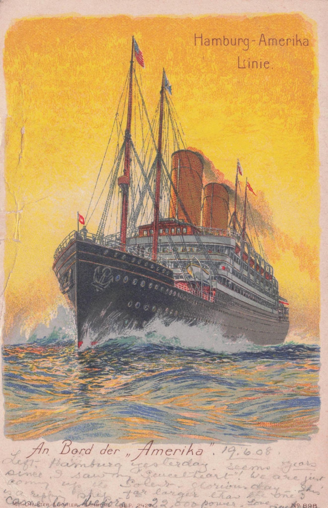 Hamburg Amerika Line 1908 Ship German Antique Postcard
