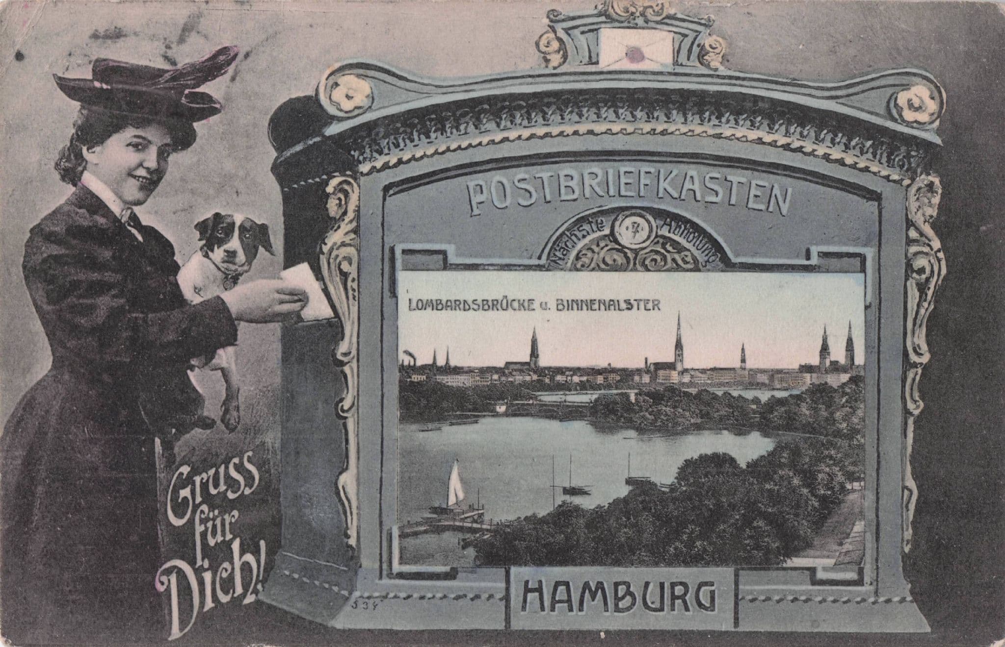 Hamburg Postbox Letterbox Gruss Fur Dich Glamour Lady Dog German Old Postcard