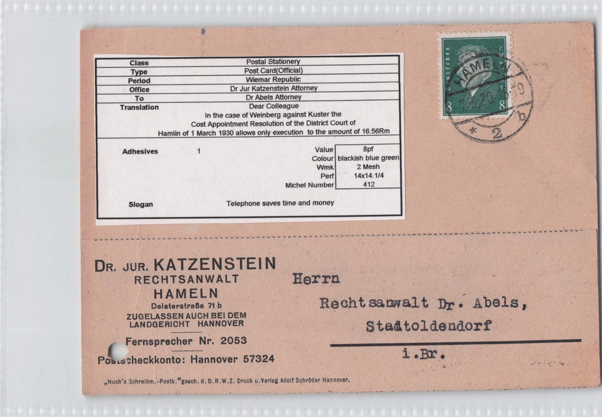 Hameln Hannover Weinberg Court German Attorney Old Postcard
