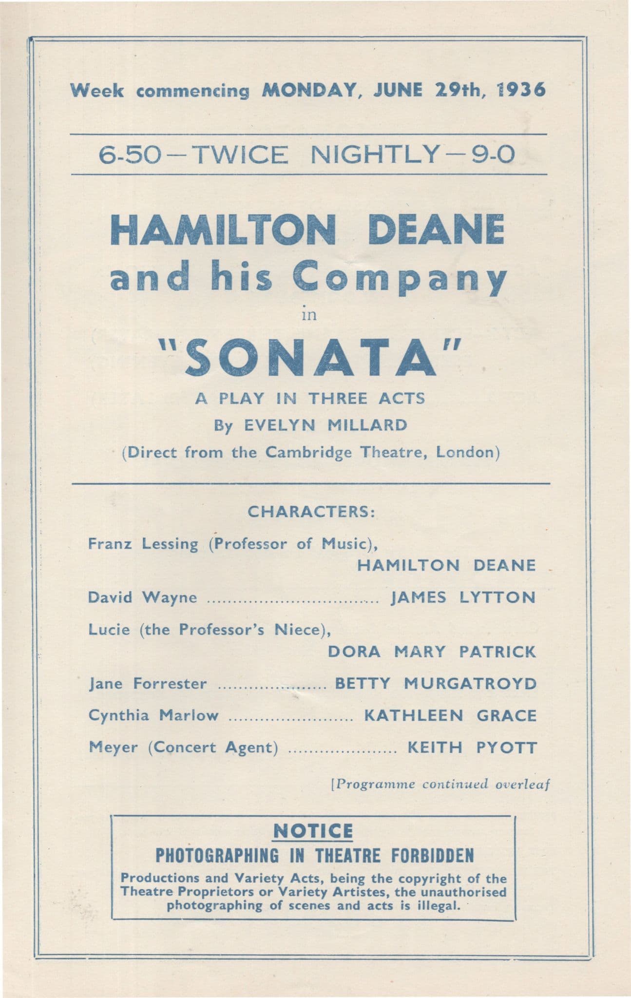 Hamilton Deane Irish Evelyn Millard Sonata 1936 Old Nottingham Theatre Programme