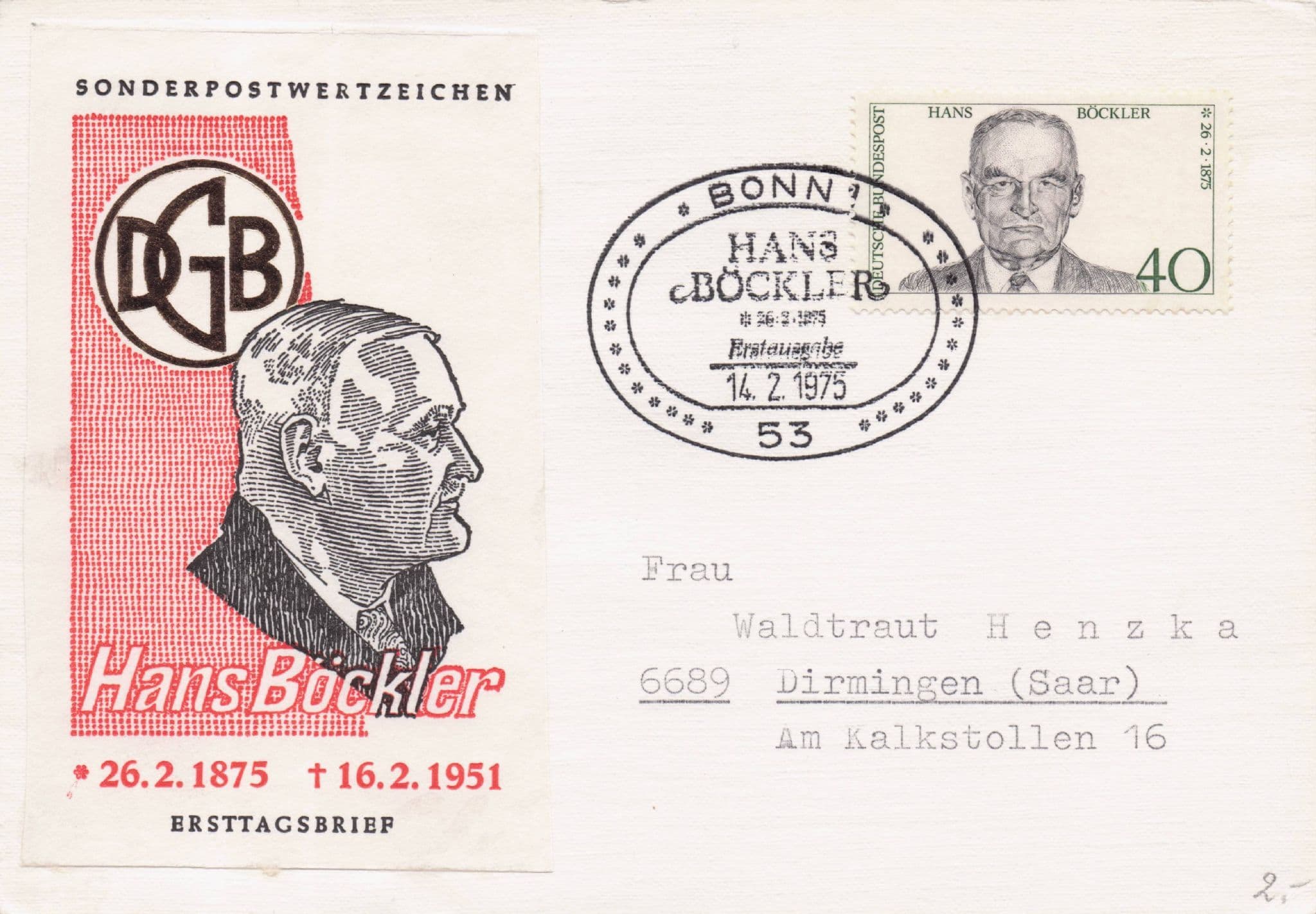 Hans Bockler German Trade Union Politician 1975 Vintage FDC