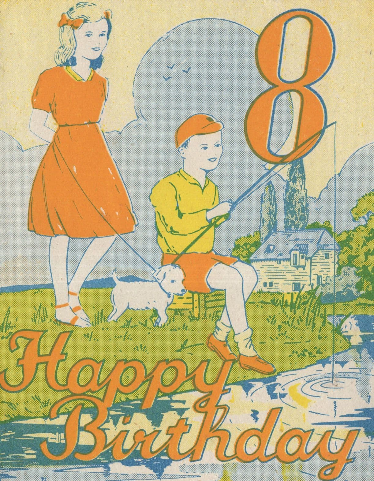 Happy 8th Birthday Antique Fishing Greetings Card