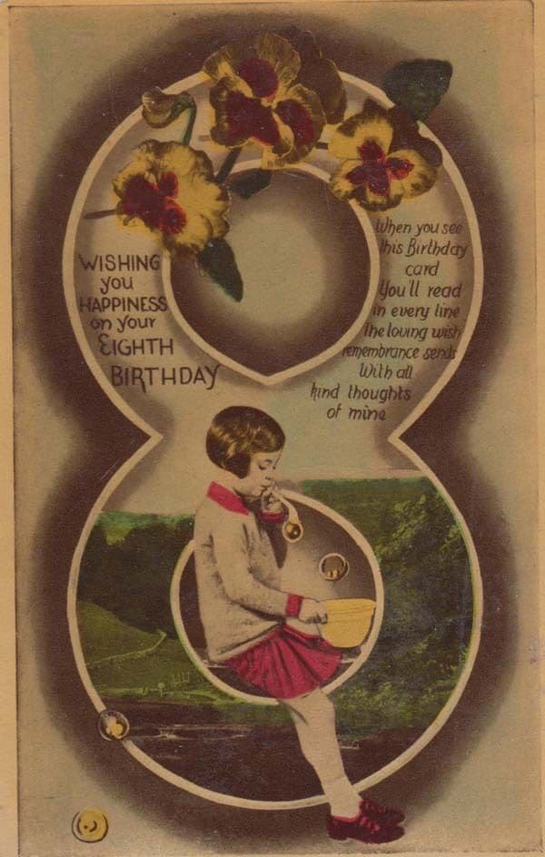 Happy 8th Birthday Blowing Bubbles Giant Pipe Antique Bowl Postcard