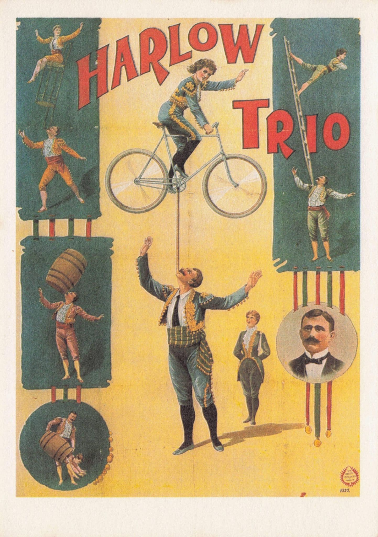Harlow Trio Victorian & 1900s Bicycle Circus Acrobats Act Poster Postcard