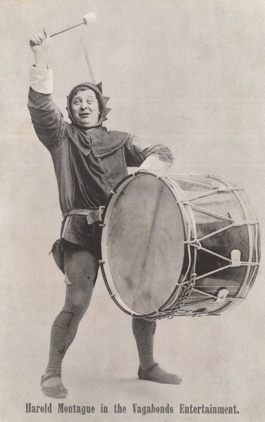 Harold Montague Court Jester Antique Drum Vagabonds Theatre Old Postcard