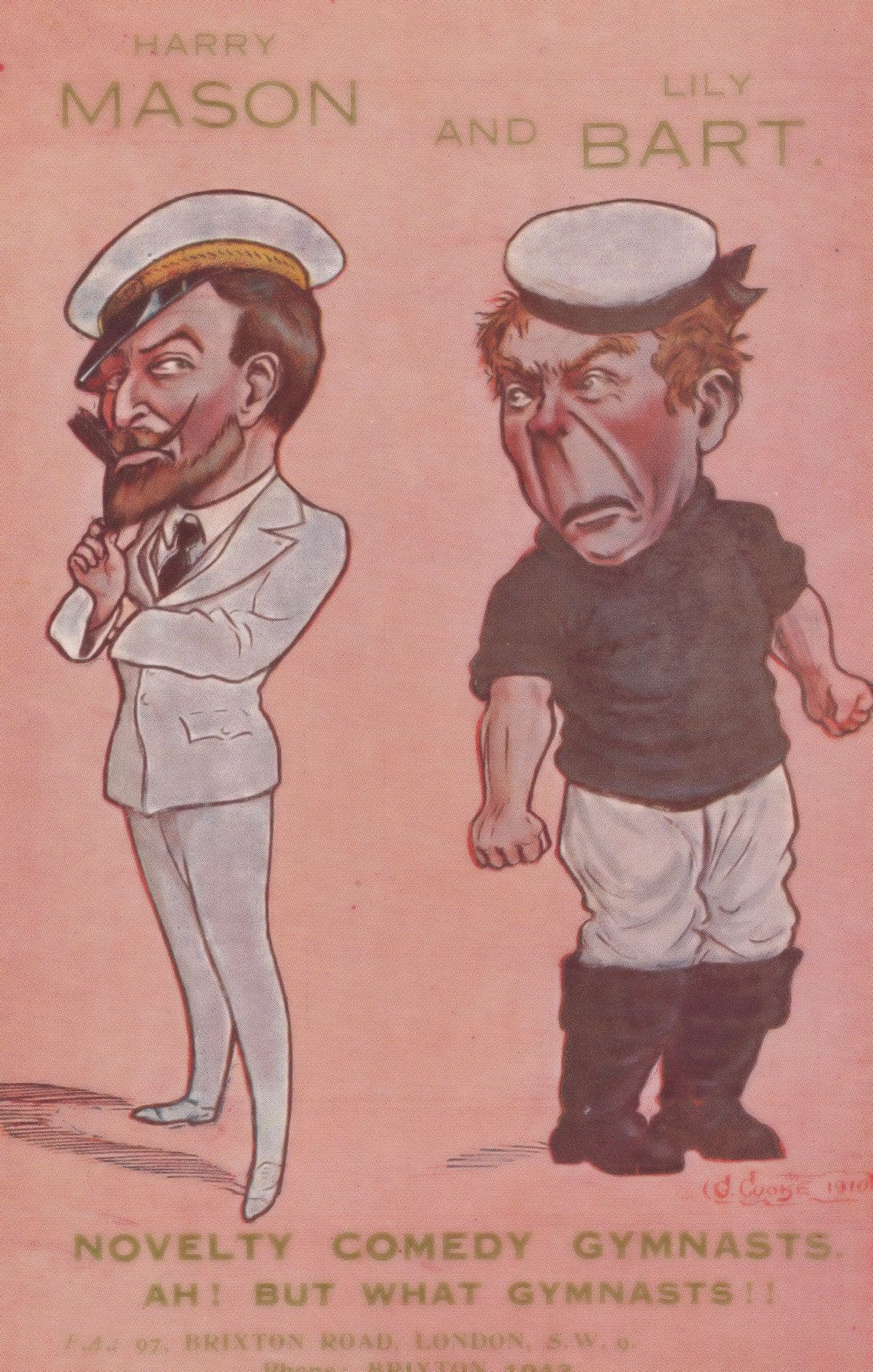 Harry Mason & Lily Bart Brixton Road London Comic Gymnastics Old Postcard