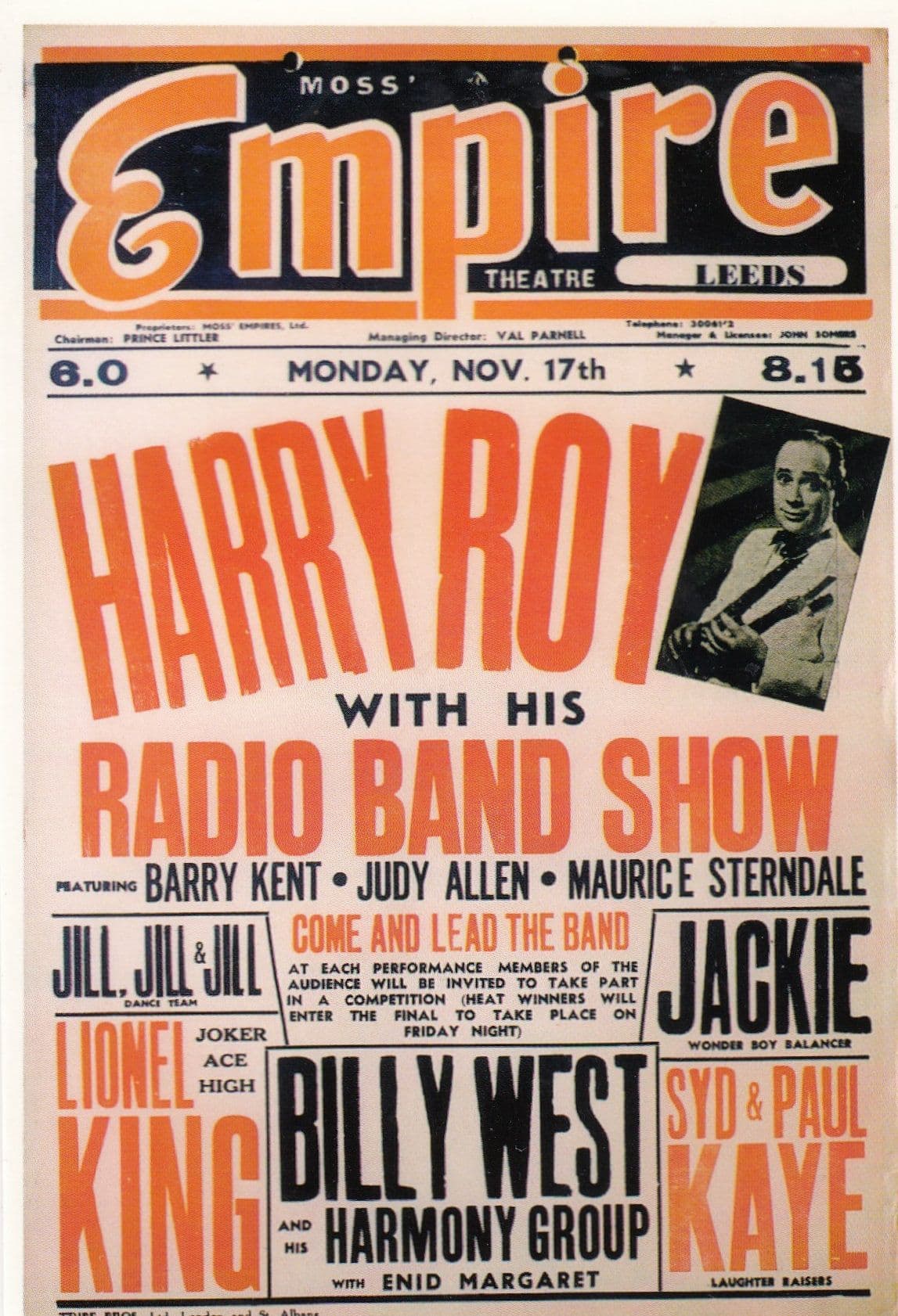 Harry Roy Lionel King Live At Moss Empire Leeds Theatre Poster Postcard