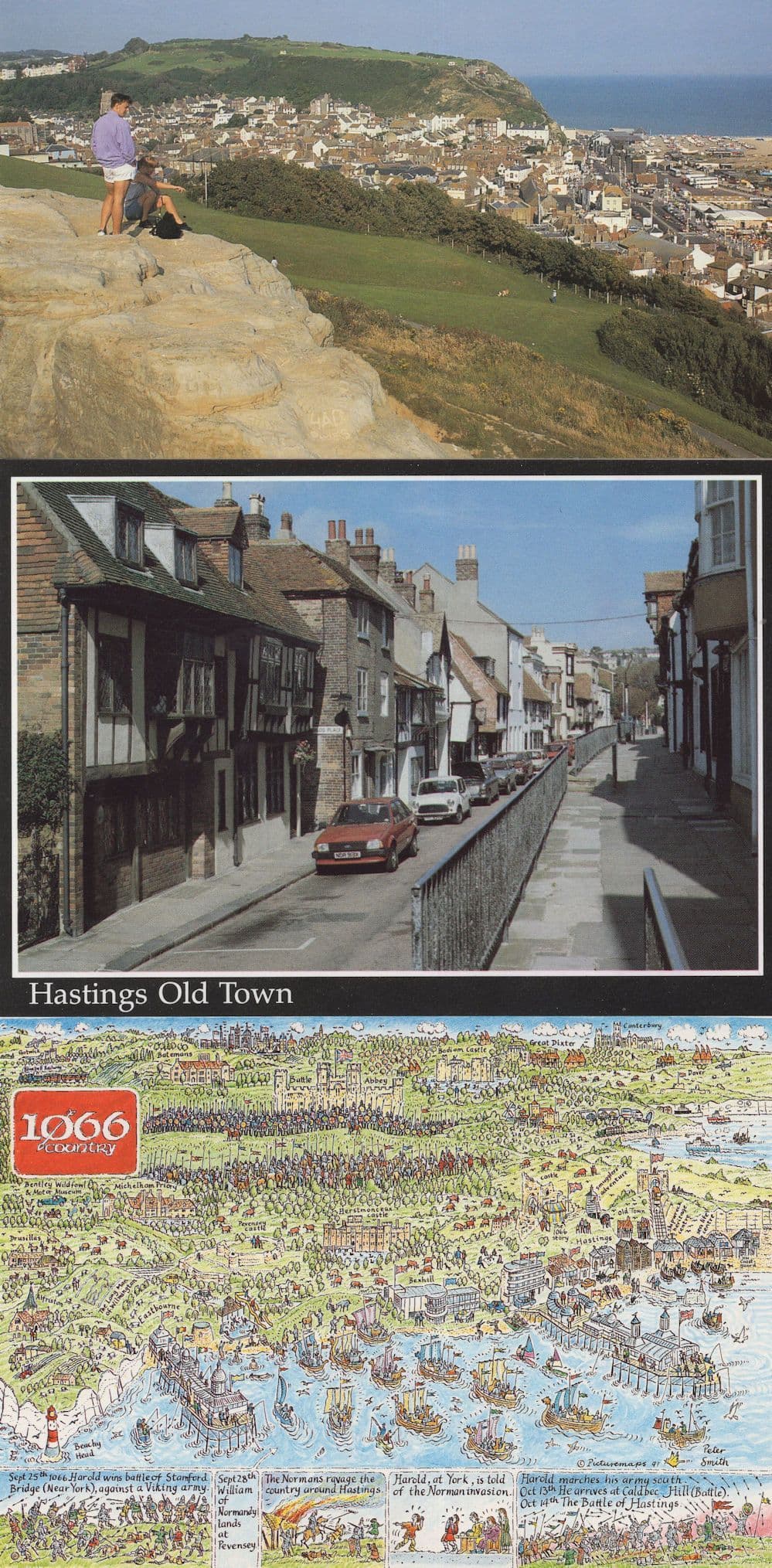 Hastings 1066 Old Town Battle Map 3x Sussex Postcard s