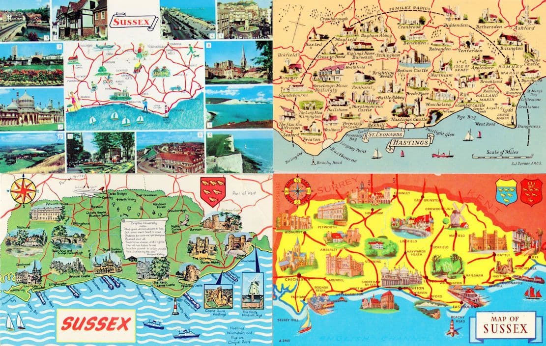 Hastings Sussex Boats Shields Coast 4x Map Cartography Postcard s