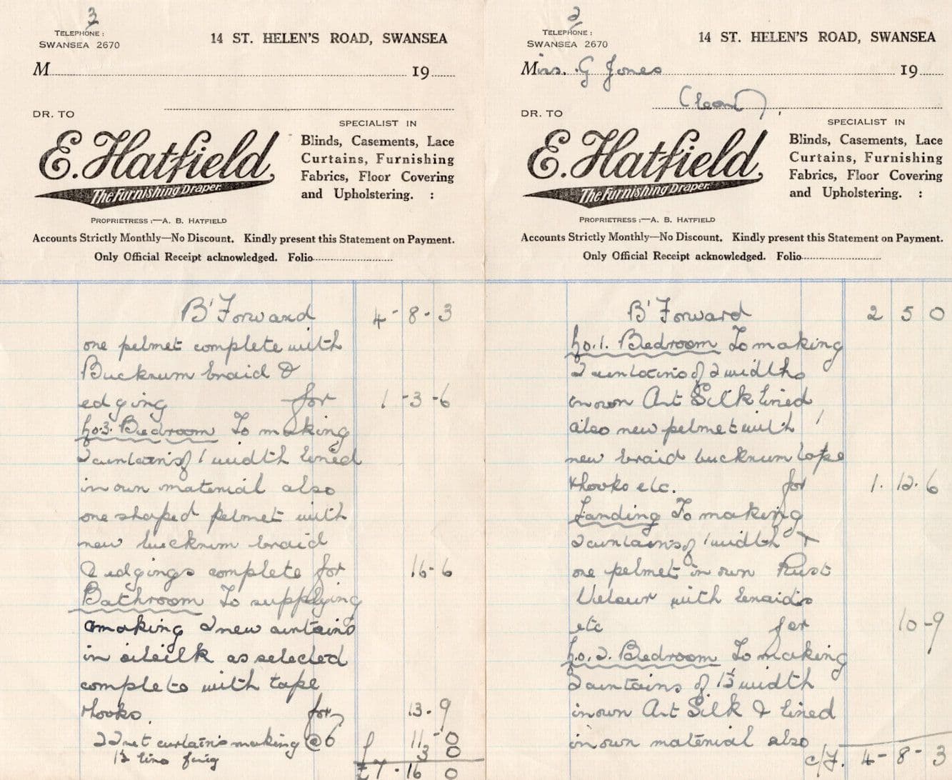 Hatfield Drapers Swansea Bathroom Bedroom 2x Antique Receipt s