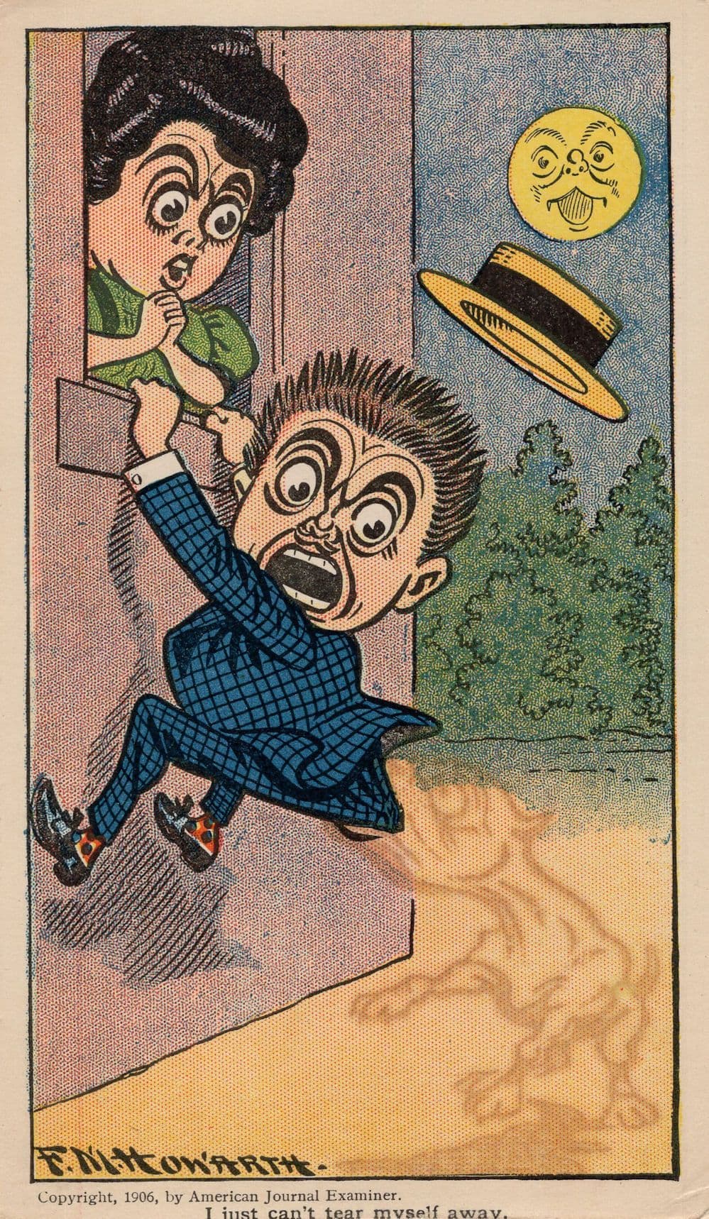 Haunted Invisible Ghost Dog Animal Biting Man Antique Comic Postcard