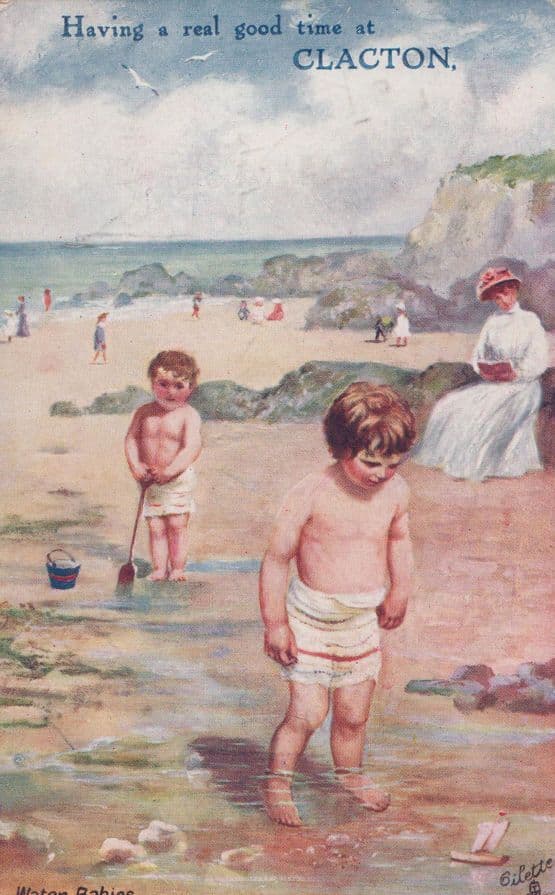Having A Good Time at Clacton On Sea Water Babies Paddling Old Postcard