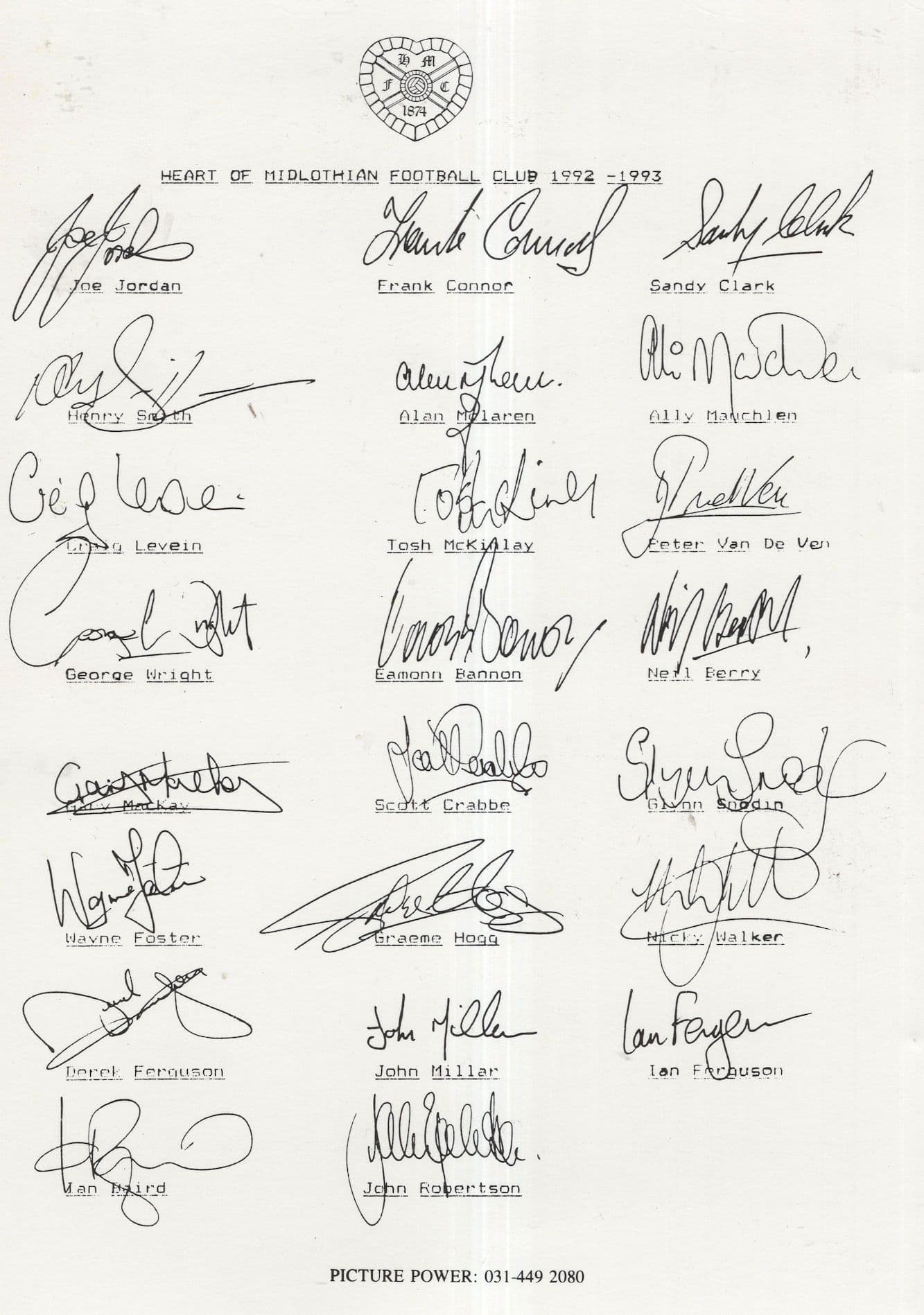 Hearts Scottish Football Club 1993 Printed Multi Signed Photo