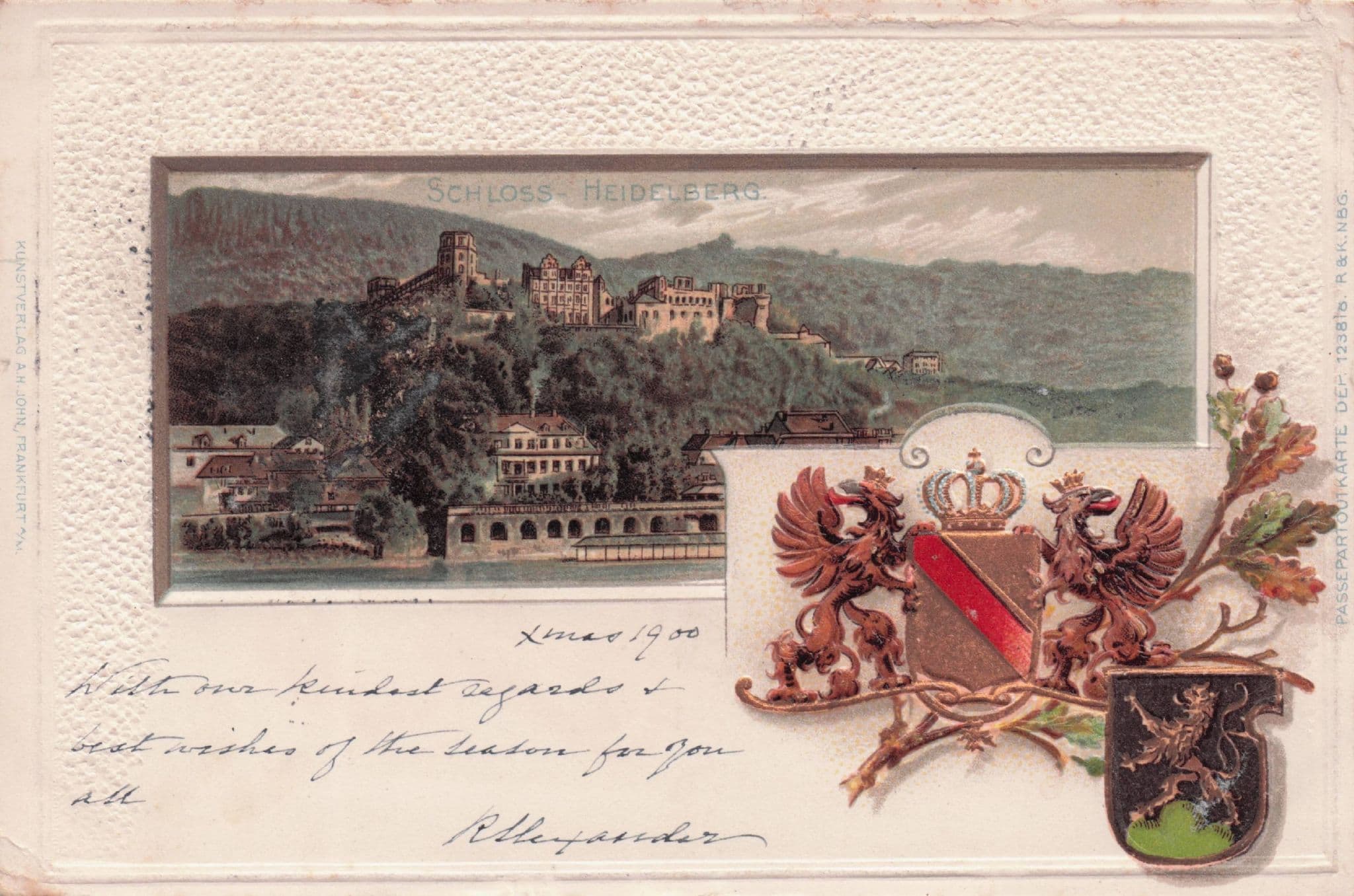 Heidelberg Schloss Shield Antique Raised Gold Metallic German Postcard