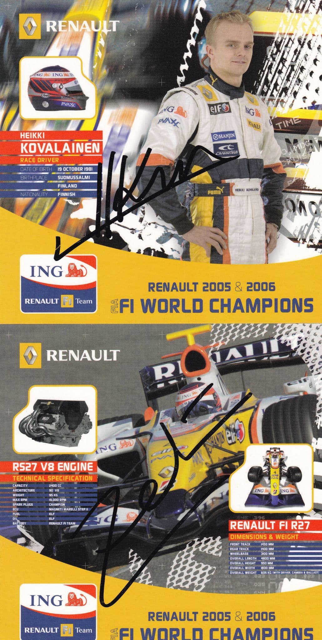 Heikki Kovalainen F1 Renault Team Grand Prix 2x Hand Signed 7x7 Photo