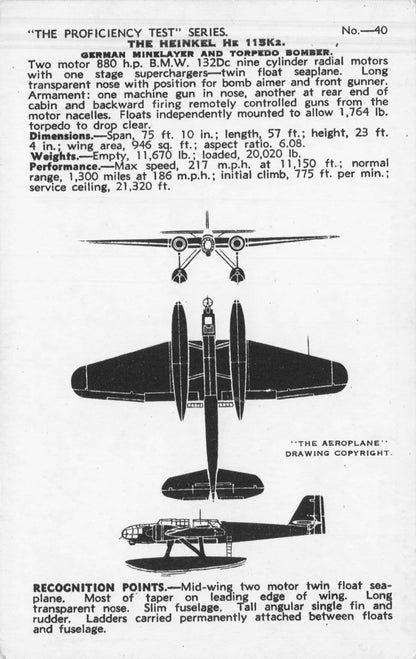 Heinkel HE 115K2 Valentines Aircraft Recognition Card Postcard