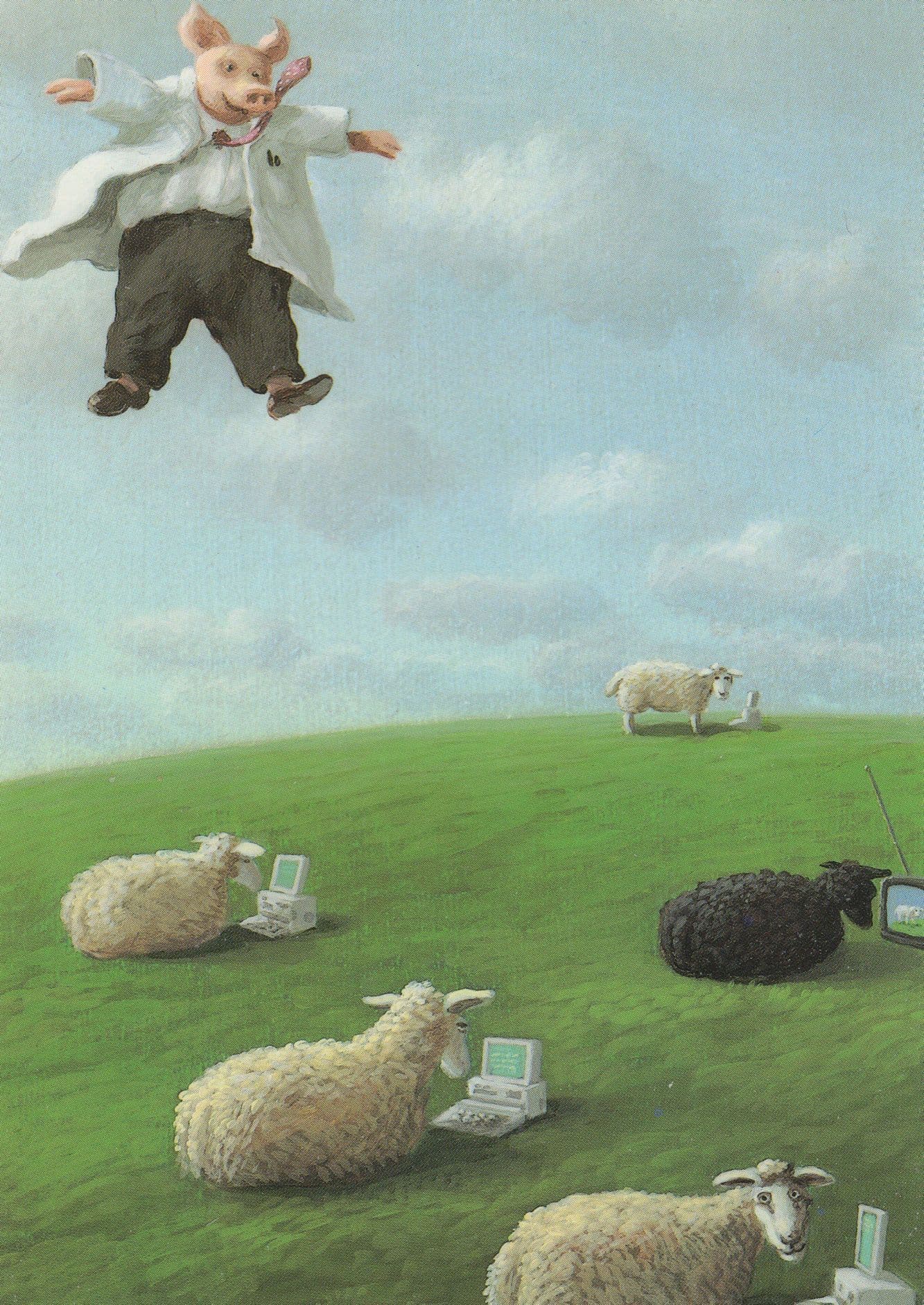 Heinz Obein Scientist Computer Pig German Flying Pigs on PCs Painting Postcard