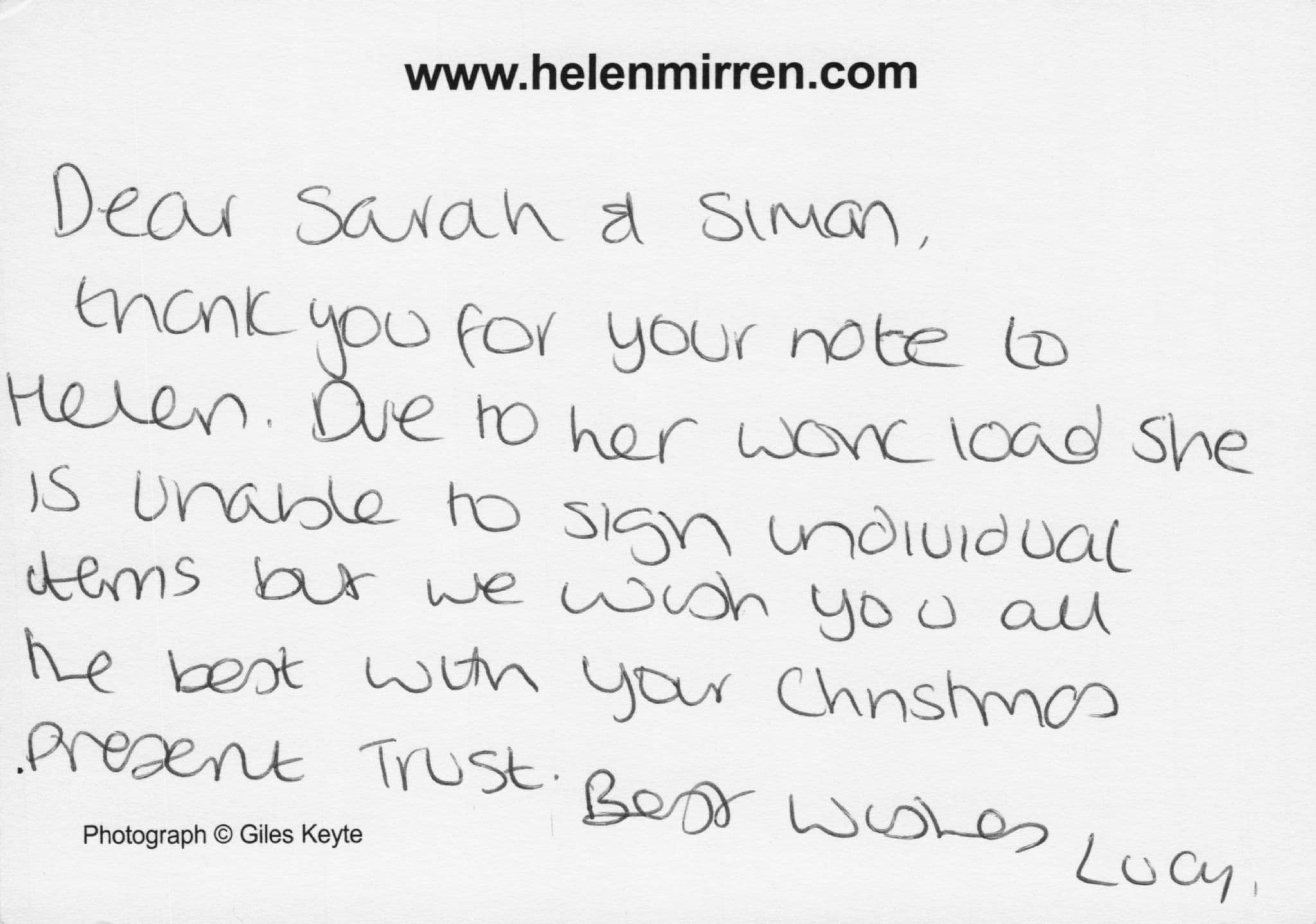 Helen Mirren Printed & Secretary Hand Signed Christmas Photo