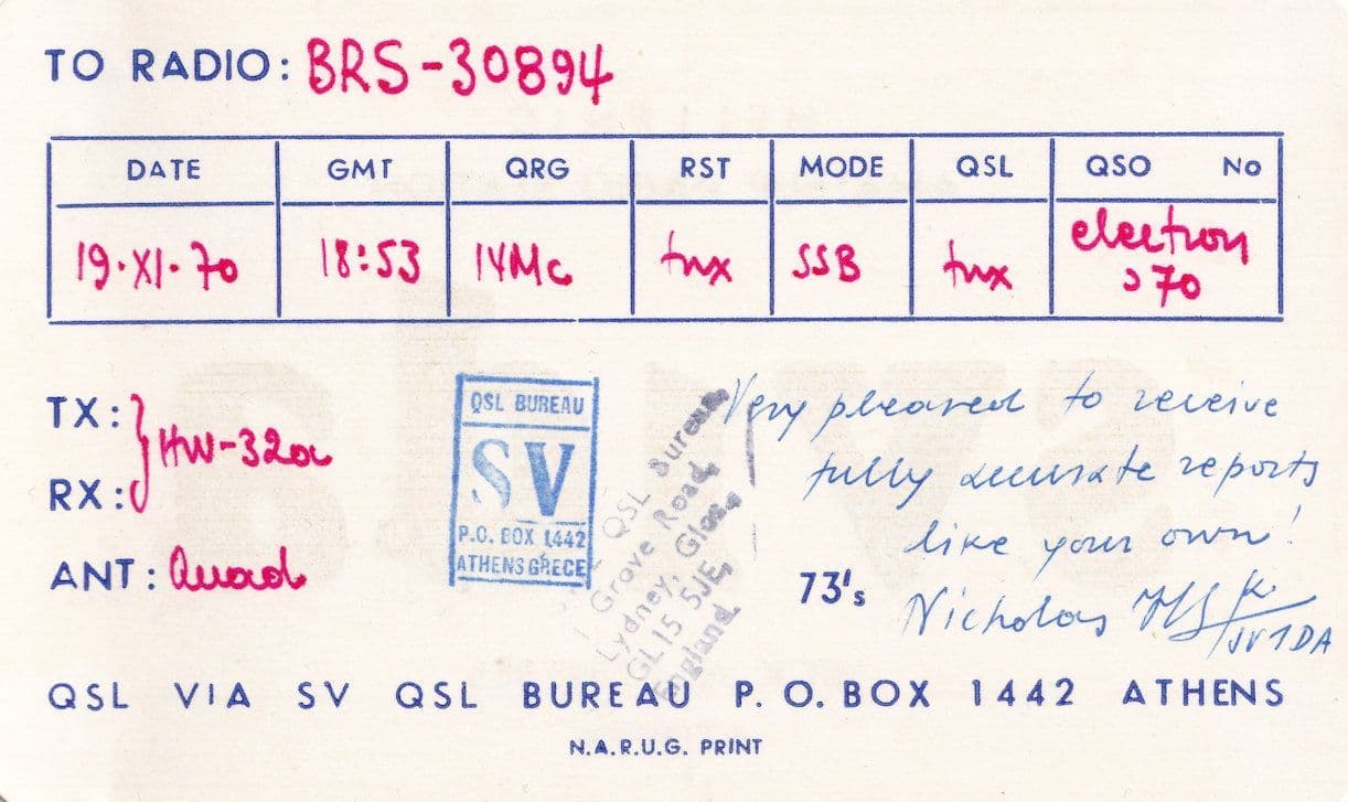 Hellenic Amateur Radio Station Athens Greece QSL Card