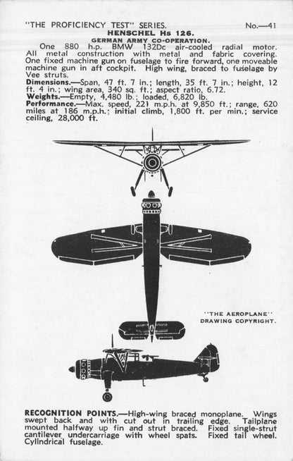 Henschel HS126 Valentines Aircraft Recognition Card Postcard