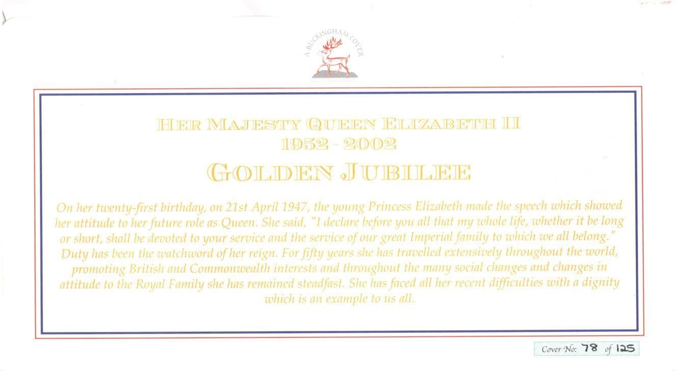 Her Majesty Queen Elizabeth II Golden Jubilee Buckingham RARE LTD TO 125 FDC