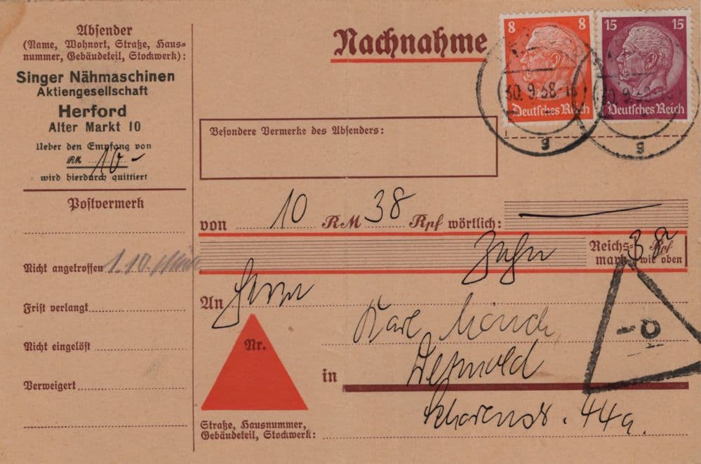 Herford German Third Reich Area Nachnahme Singer Washing Machines Postcard