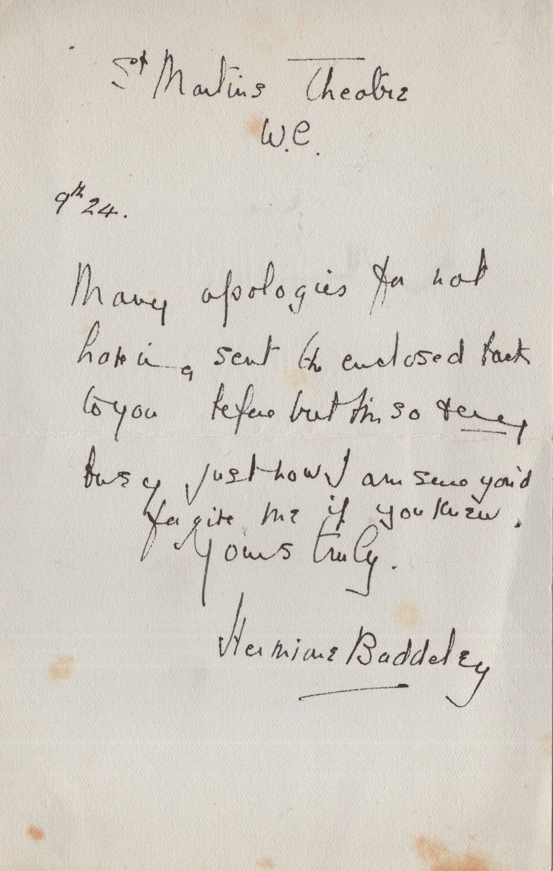 Hermione Baddeley Scrooge Aristocats St Trinians Hand Signed Theatre Letter