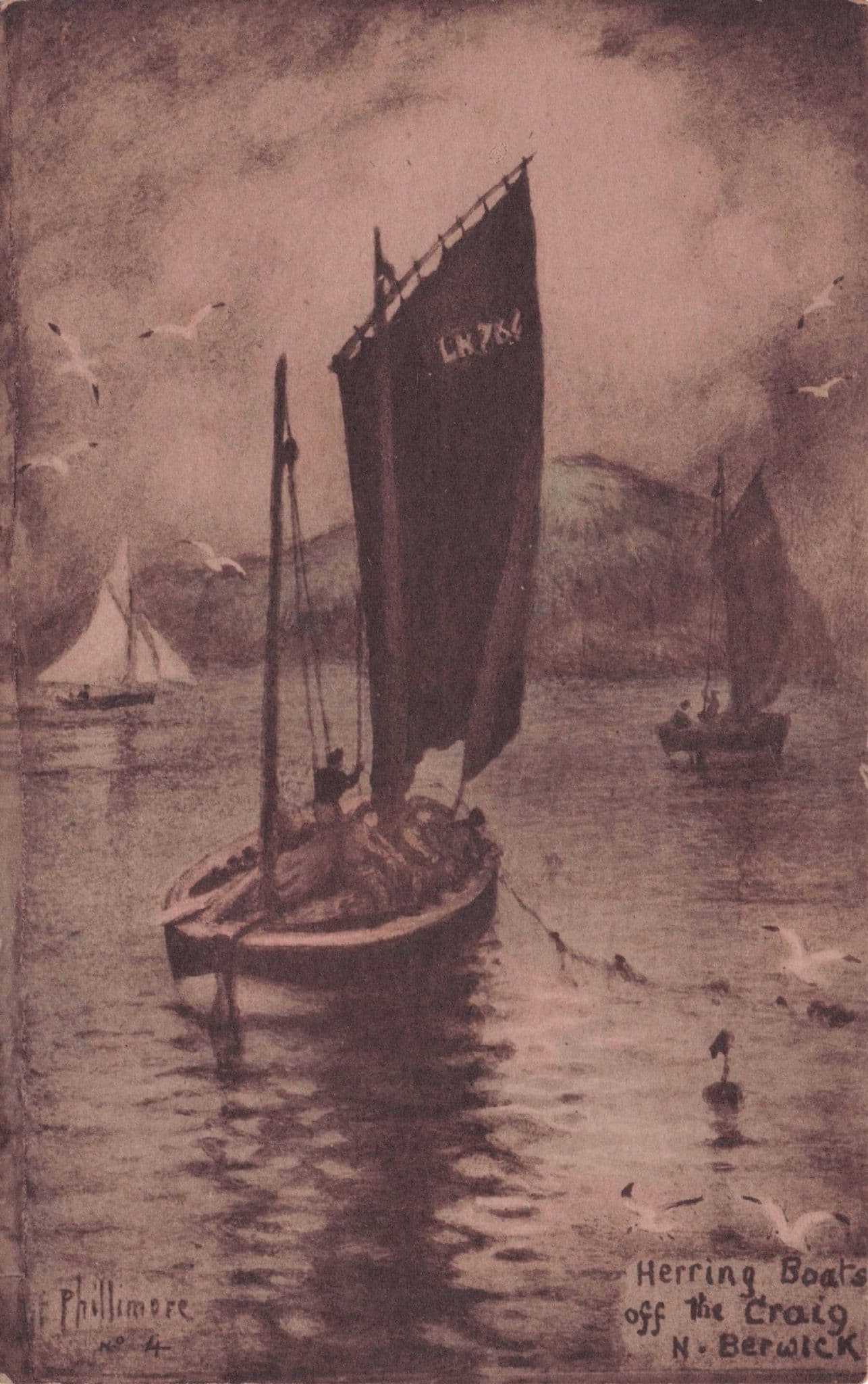 Herring Boats Off The Craig North Berwick Phillimore Scottish Old Postcard