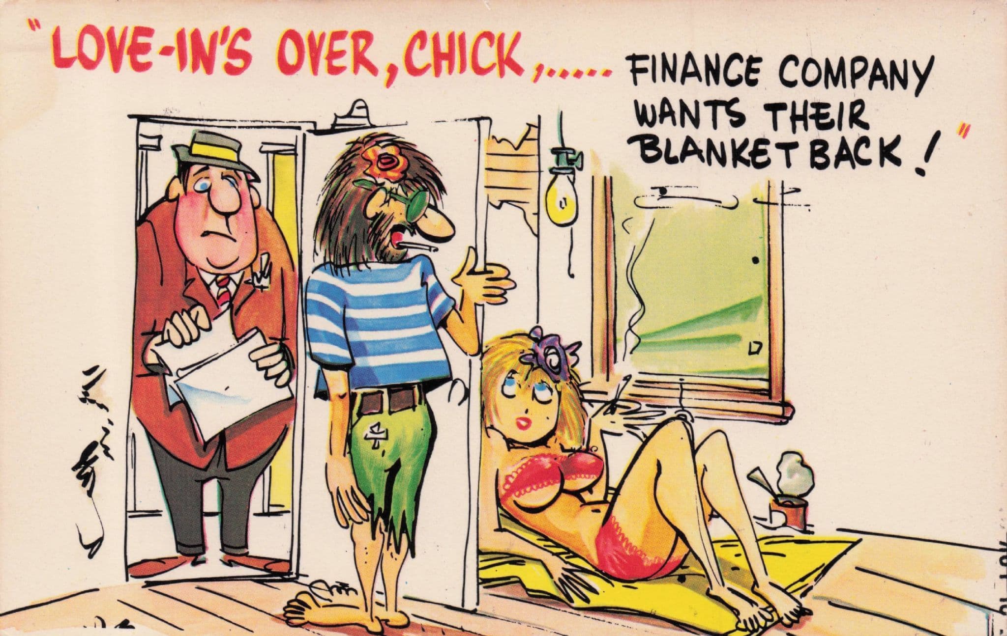 Hippy Debt Collector Prostitute Finance Company 1970s Comic Postcard