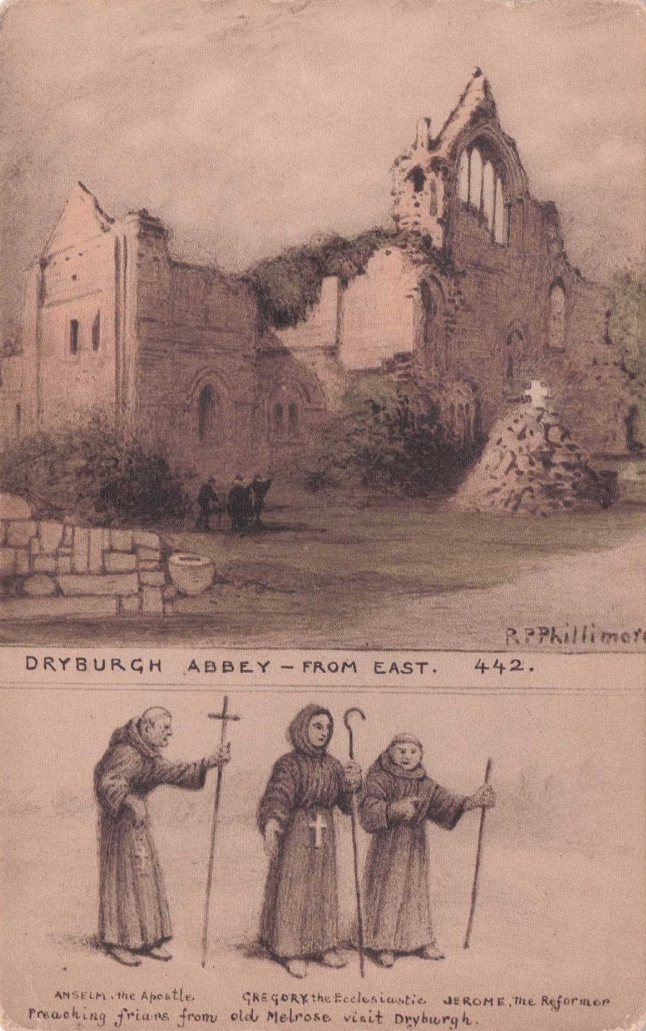 Historic Monks at Dryburgh Abbey Phillimore Scottish Old Postcard