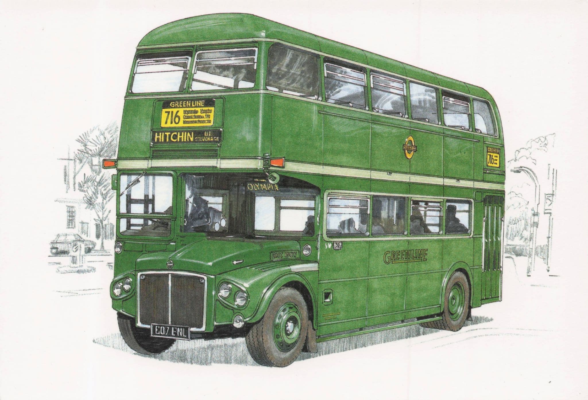 Hitchin RMC Green Line 716 Routemaster Bus Painting Postcard