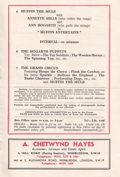 Hogarth BBC Circus Puppet Show Antique Wimbledon Theatre Programme