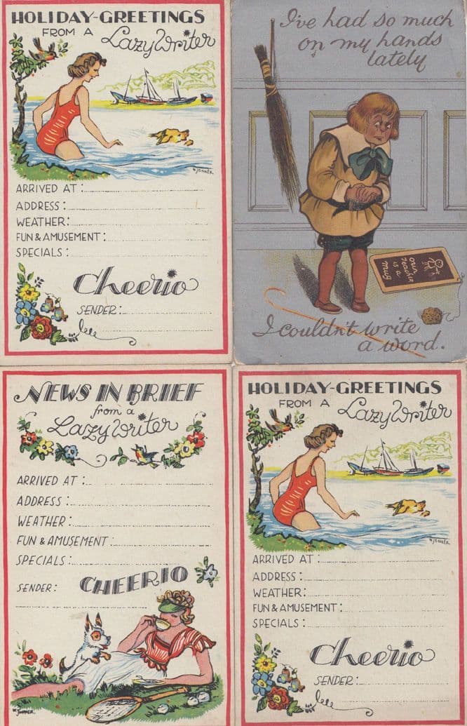 Holiday Greetings From A Lazy Writer 4x Antique Comic Seaside Message Postcard s