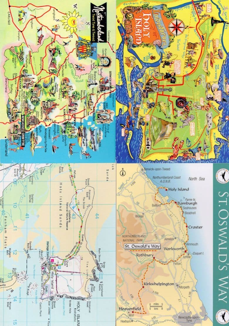 Holy Island Lindisfarne St Oswalds Way Northumberland 3x Map Postcard s