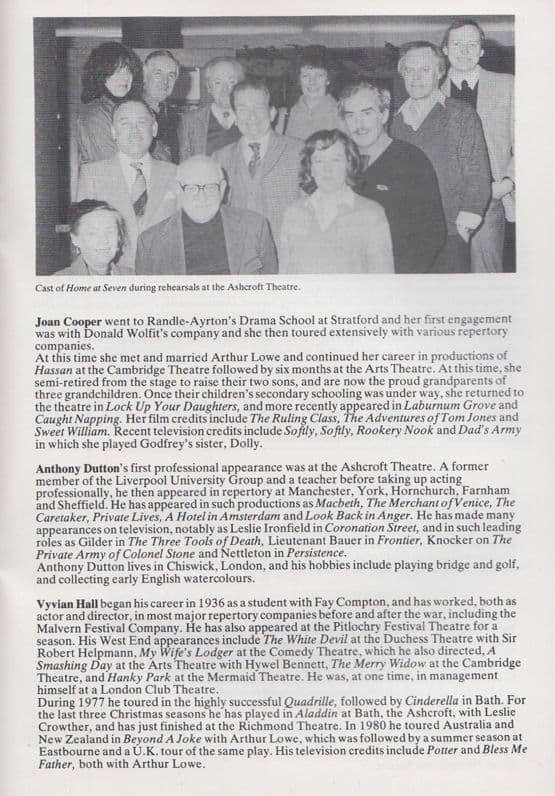 Home At Seven Arthur Lowe Joan Cooper Dads Army Ashcroft Theatre Programme