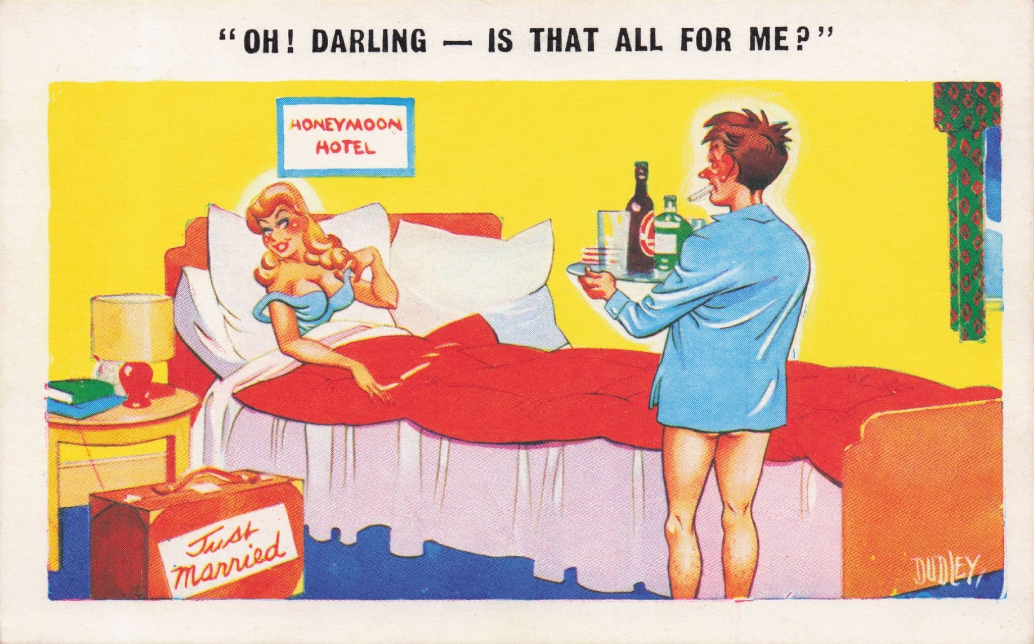 Honeymoon Hotel Newlyweds Drinking Before Sex Comic Postcard